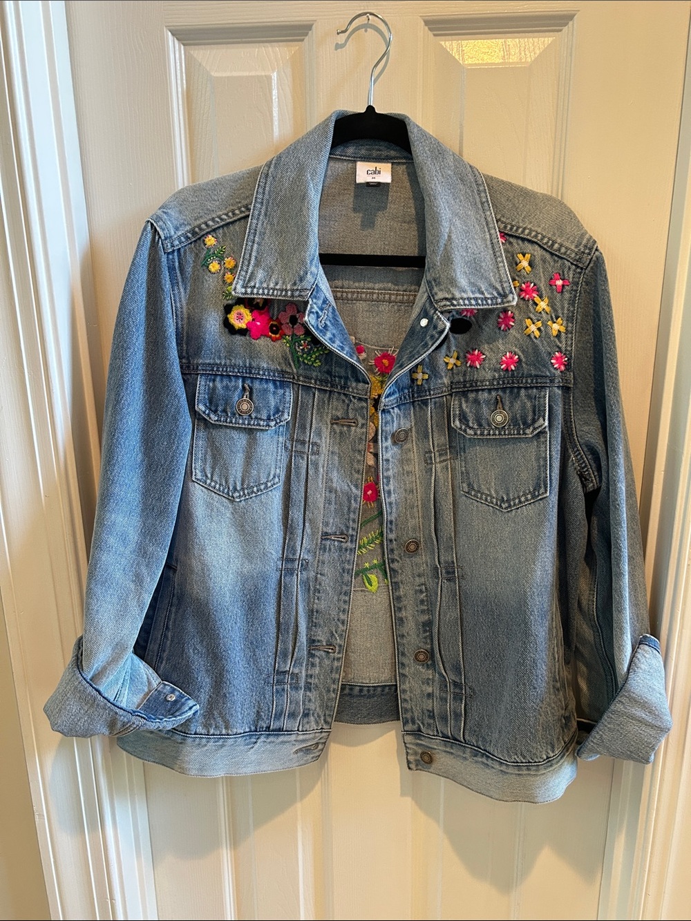 CAbi Meadow Jacket Light Blue Denim Jacket with Multicolor Floral Embroidery - Picture 3 of 5